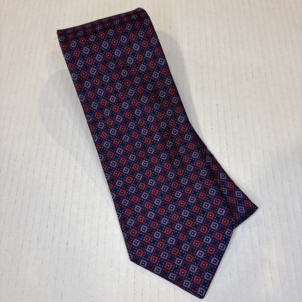 Equestrian Firenze Navy Red Purple Geometric Shape 100% Silk Tie Made In Italy